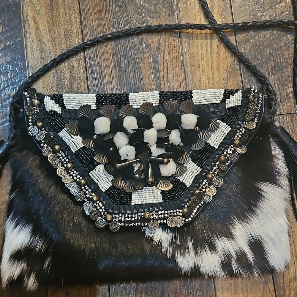 Anthropologie Ibban Calf Hair‎ Leather Black and White Beaded Women's Purse.